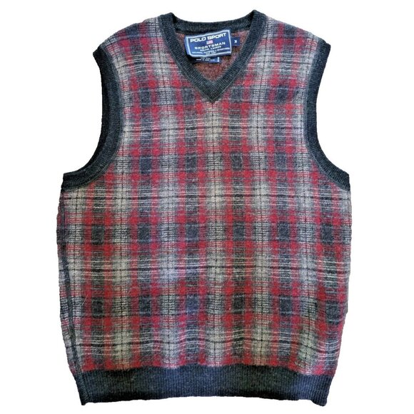 VTG Polo Sport Ralph Lauren Sportsman Wool Plaid Vest Mens Large Red Gray V Neck - Picture 1 of 7